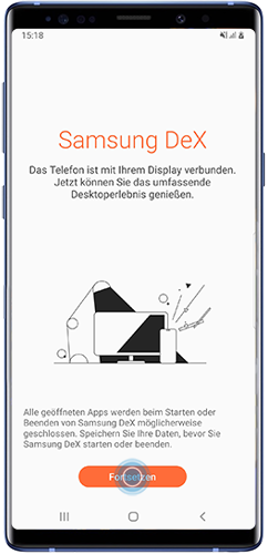 Tippe zur Verwendung von Samsung DeX mit deinem Galaxy Note auf Fortsetzen.