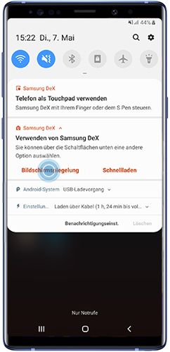 Wähle Bildschirmspiegelung oder Schnellladen, wenn dein Galaxy Note sich im DeX-Modus befindet.