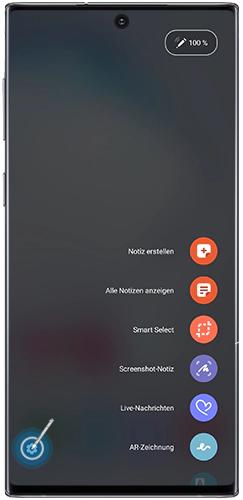 Das Einstellungen-Symbol ist im S Pen Befehle-Menü des Galaxy Note10 markiert.
