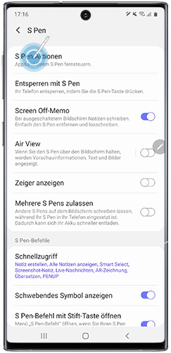 S Pen Aktionen ist im S Pen-Menü des Galaxy Note10 markiert.