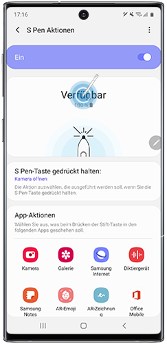Der Akkustand des S Pen wird im Einstellungen-Menü des Galaxy Note10 angezeigt.