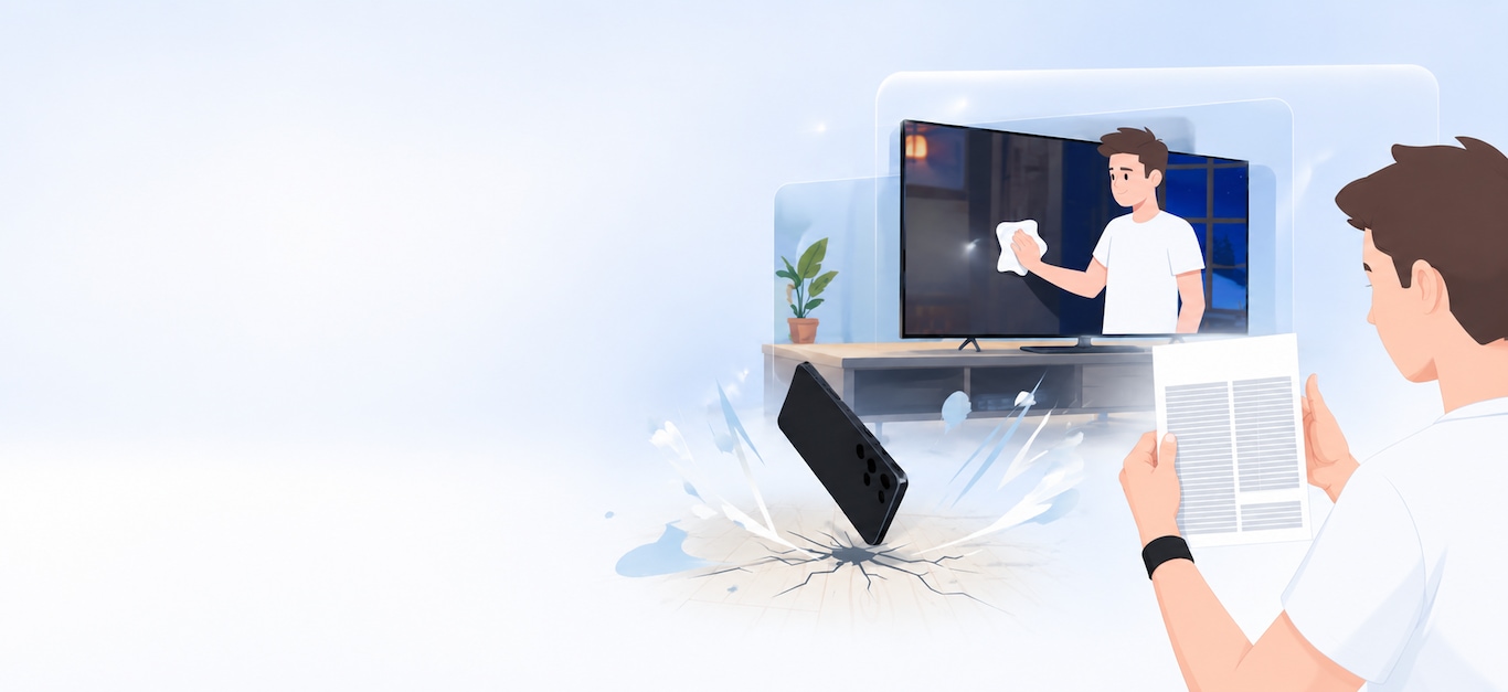 Illustration zum Thema Garantie und Gewährleistung mit einer Person, die Informationsdokument hält, während Smartphone auf Boden fällt und zerbricht