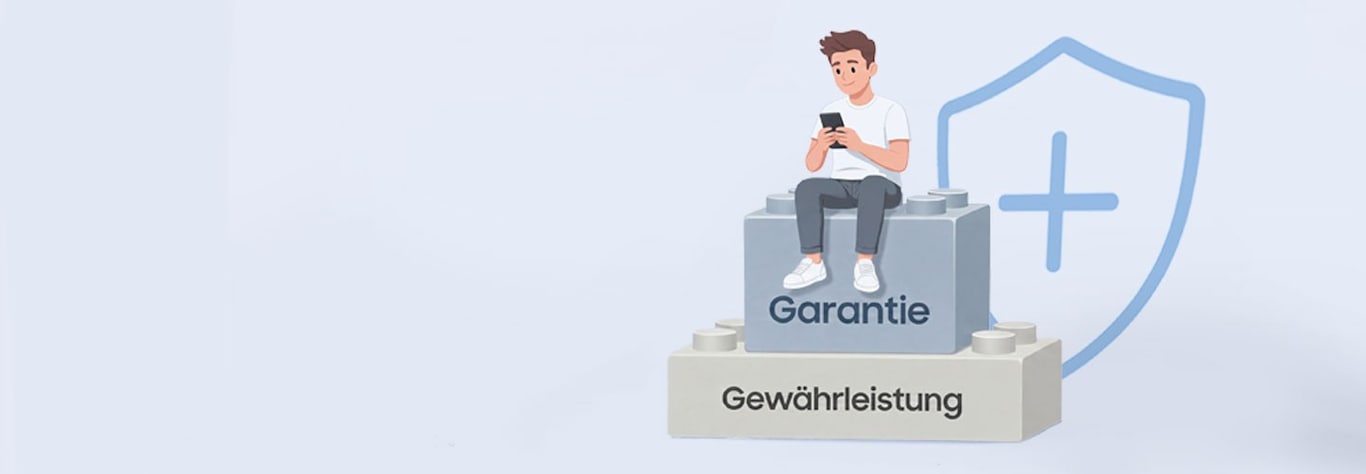 Illustration einer Person mit Smartphone auf einem Baustein mit der Aufschrift „Garantie“, über einem größeren Baustein mit der Aufschrift „Gewährleistung“