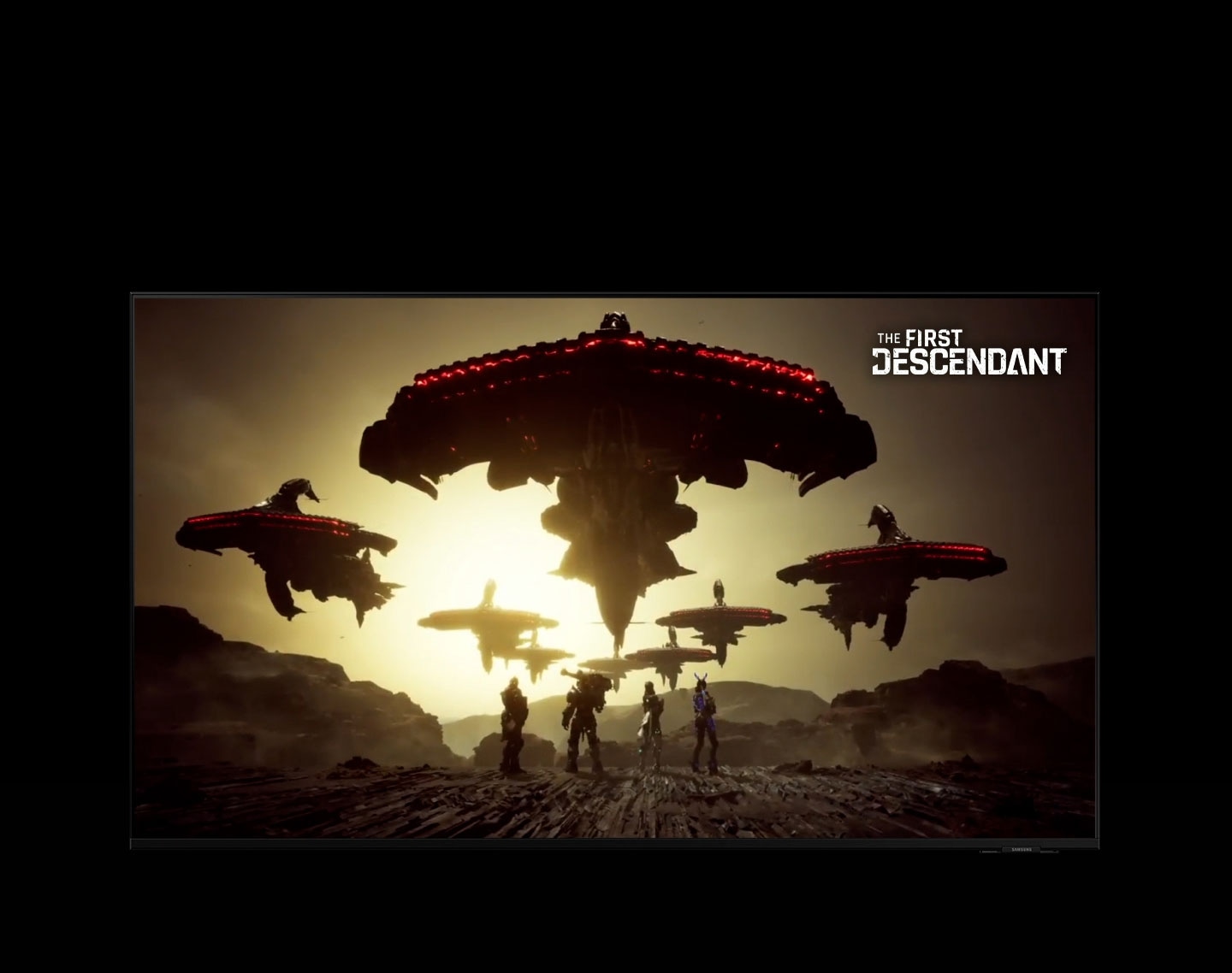 Vier schwer bewaffnete Spielfiguren stellen sich tapfer acht riesigen Alienschiffen entgegen, die am Himmel schweben. Das Logo des Spiels „The First Descendant“ ist im oberen rechten Bildrand zu erkennen.
