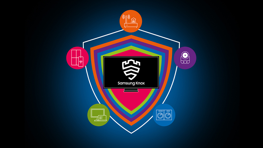 Samsung Knox Security-Logo auf einem Fernsehbildschirm. Secured by Knox-Logo.