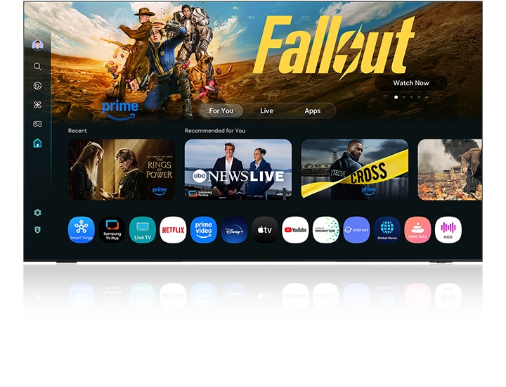 Der Startbildschirm von Smart Hub zeigt verschiedene Arten von Streaming-Inhalten und andere smarte Funktionen, die auf Samsung Smart TVs verfügbar sind.