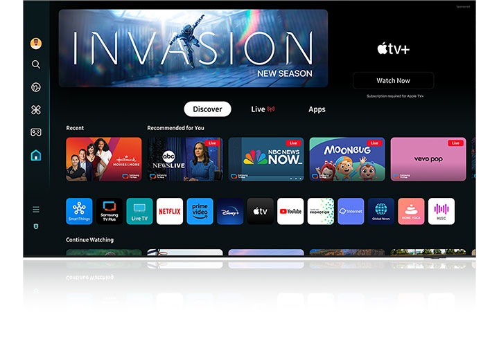 Der Startbildschirm von Samsung Tizen OS zeigt eine Vielzahl beliebter Apps. Ganz oben ist die neue Staffel der Apple TV Plus-Serie „Invasion“ zu sehen.