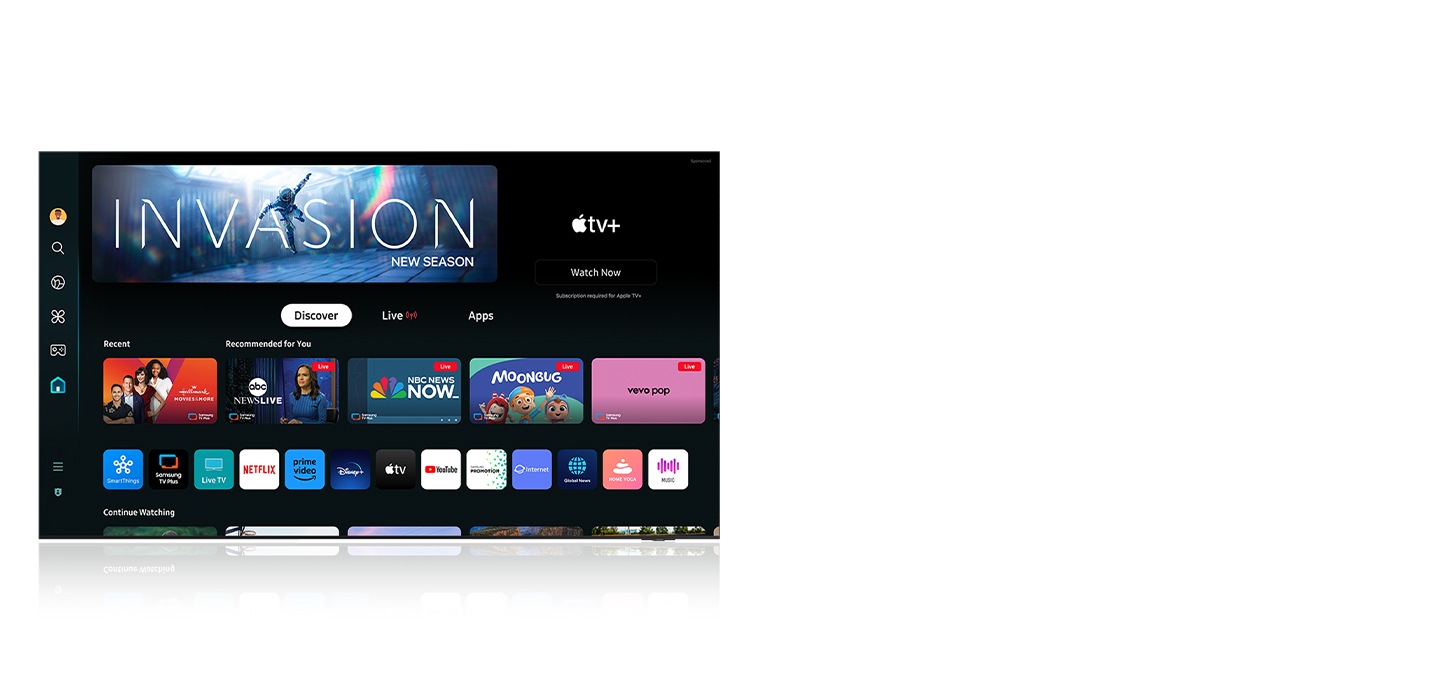 Der Startbildschirm von Samsung Tizen OS zeigt eine Vielzahl beliebter Apps. Ganz oben ist die neue Staffel der Apple TV Plus-Serie „Invasion“ zu sehen.