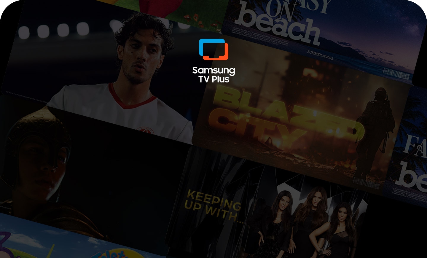 Zu sehen ist das Samsung TV Plus-Logo über einer Collage aus Unterhaltungsposter