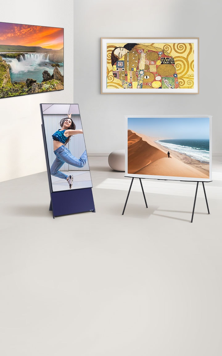 Eine Vielzahl von Samsung Fernsehern wie The Frame, The Sero, The Serif und QLED TV sind zu sehen.