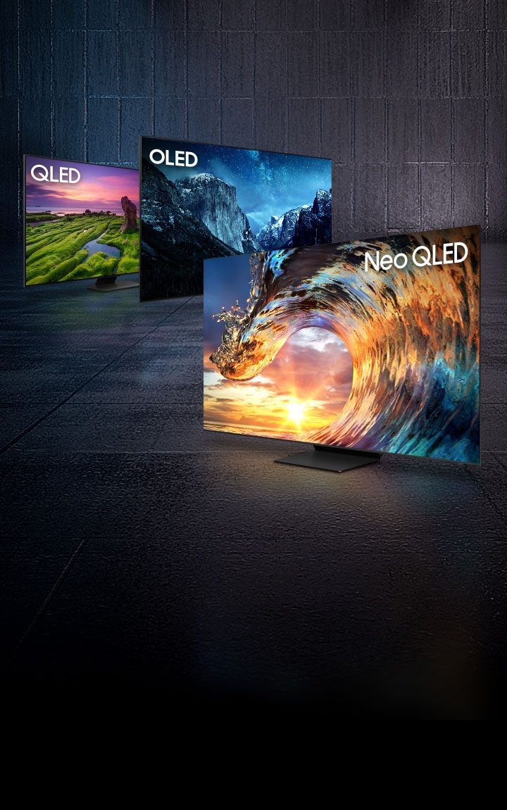 Grafika przedstawiająca telewizory marki Samsung, zaczynając od lewej QLED, OLED i Neo QLED