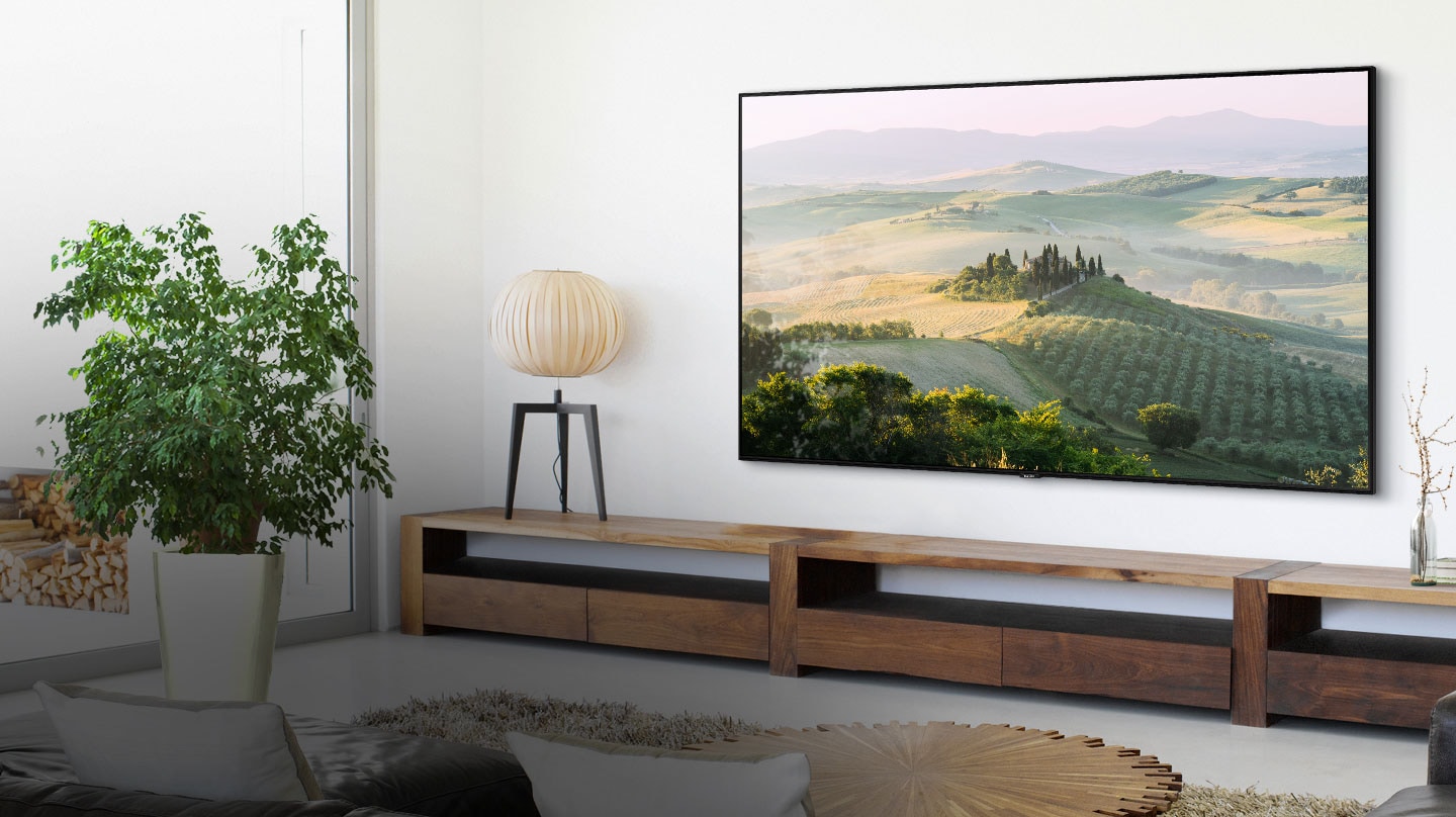 Ein an der Wand montierter Samsung-Fernseher mit großem Bildschirm, der eine ländliche Landschaft in einem Wohnzimmer zeigt.