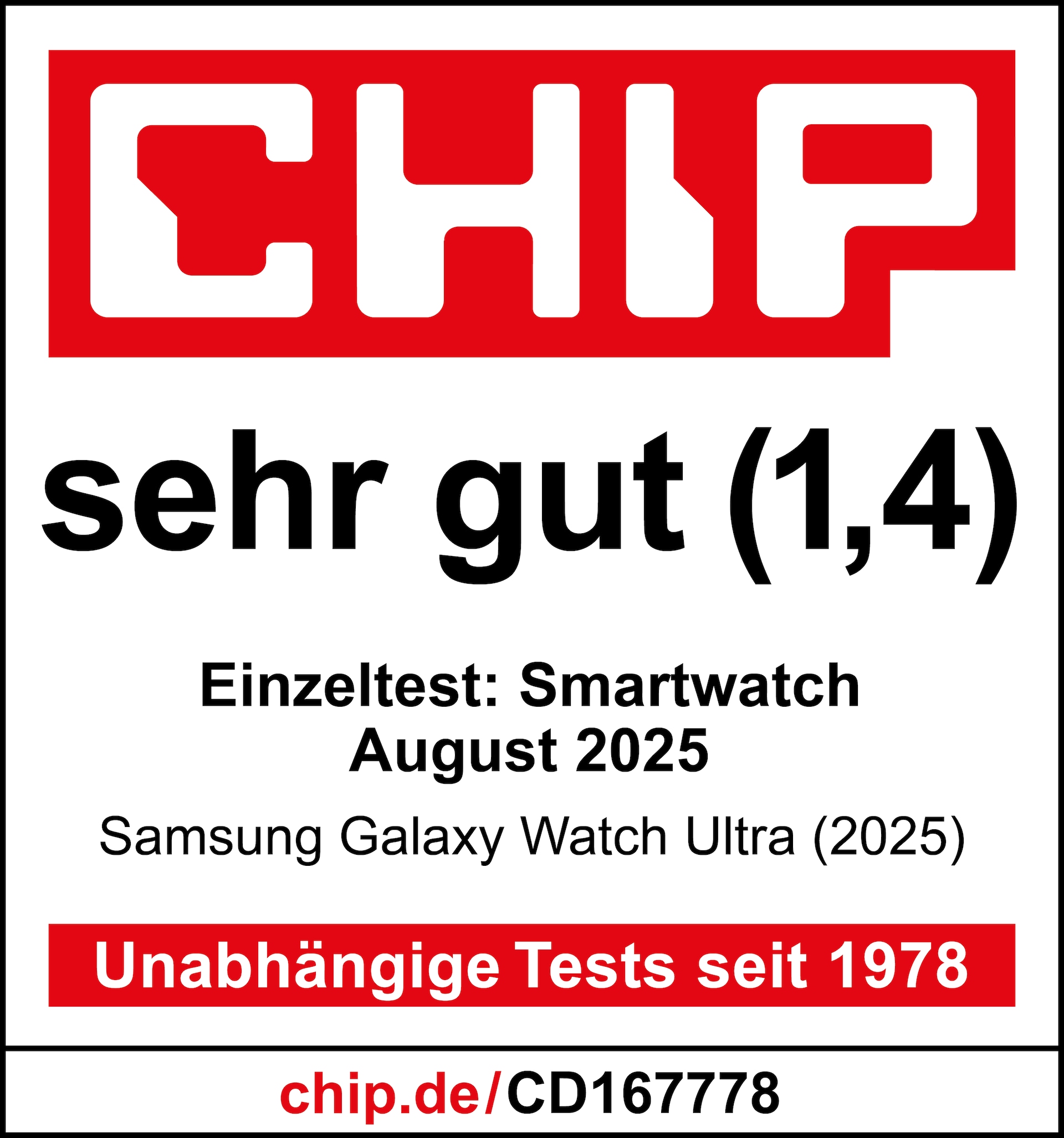 Chip, sehr gut (1,4), veröffentlicht am 14.08.2025 unter chip.de, Galaxy Watch Ultra (2025), Einzeltest.