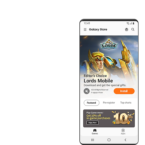 Smartphone, der viser MMORPG'et Lords Mobile, installationsskærm fra siden Galaxy Store Featured.