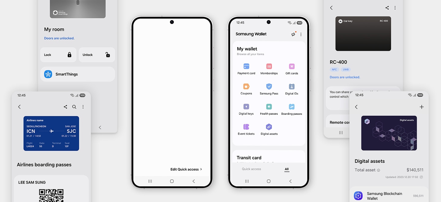 In the center, two smartphones show the various digital assets that can be stored in Samsung Wallet. One screen displays them as categories in the Samsung Wallet home screen, while the other screen shows them stacked together as cards in the Quick access view. The smartphones are surrounded by smartphone GUI screens, each of which showcases an individual asset, including a room key, a car key, a boarding pass and financial digital assets.