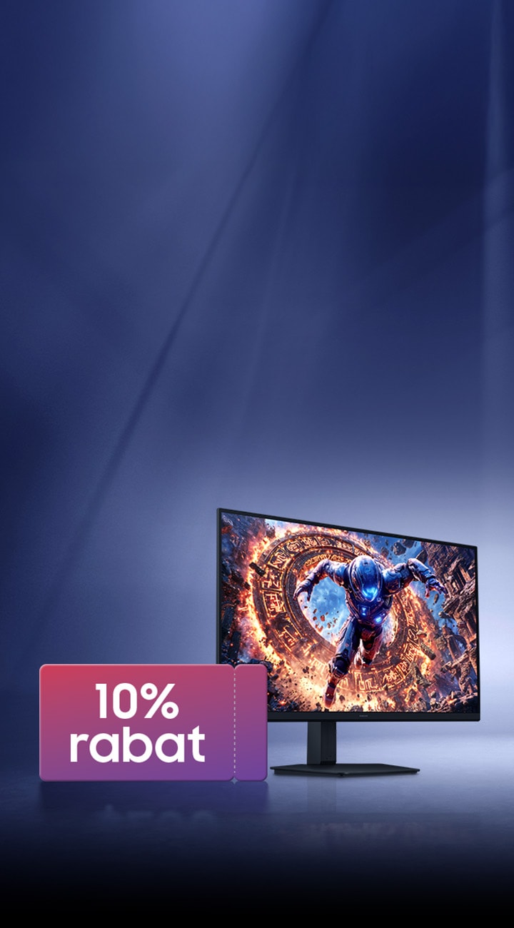 En Odyssey-gamingskærm med headset, mus og tastatur. En kupon med teksten 10% rabat ses.