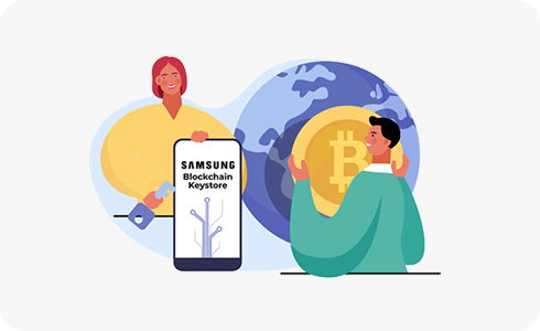 Illustration of a woman holding a phone and a key next to a man holding a cryptocurrency coin.