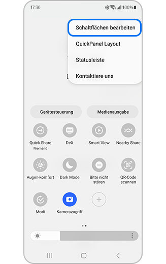 Schaltflächen im Schnelleinstellungen-Panel hinzufügen oder entfernen