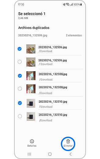 Vista de Archivos duplicados con archivos y el botón Eliminar todos resaltado. 