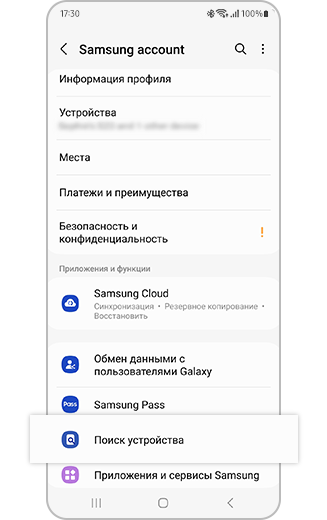 Вид меню учетной записи Samsung с выделенным приложением Find My Mobile.