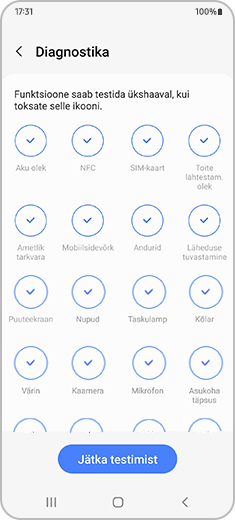 „Diagnostika“ ekraan individuaalsete testimise ikoonidega ning ekraani allolsas oleva „Jätka testimist“ nupuga.