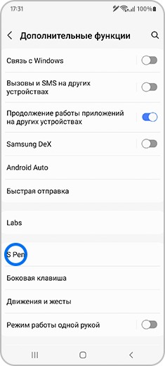 Вид экрана «Дополнительные функции» с выделенным пунктом «S Pen».