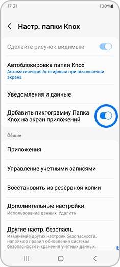 Экран «Папка Knox» с выделенным переключателем «Добавить пиктограмму папки Knox на экран приложений».