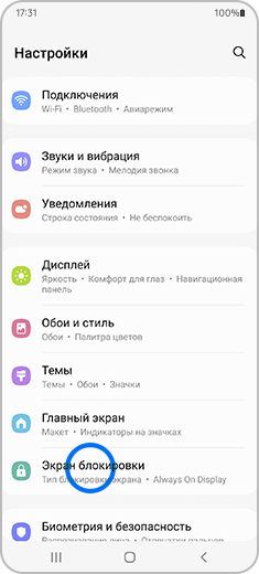 Вид экрана Настройки с выделенным пунктом «Экран блокировки».