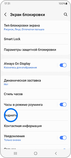 Вид пункта «Экран блокировки» с выделенным пунктом «Виджеты».