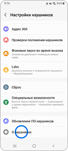 Экран «Настройки наушников» с выделенным элементом «О наушниках».
