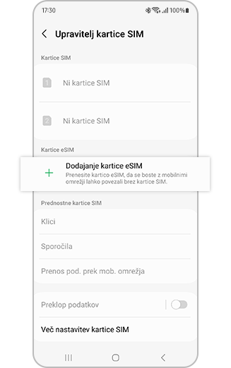 Galaxy eSIM in podprti omrežni operaterji Samsung SI
