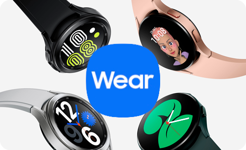 Различные модели часов Samsung Watch с пиктограммой Wear на переднем плане.