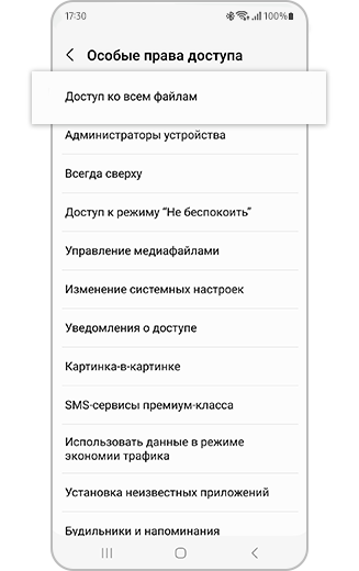 Опция Доступа ко всем файлам в меню Специального доступа.