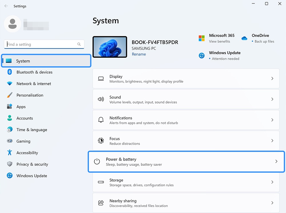 View of Power and Battery settings.