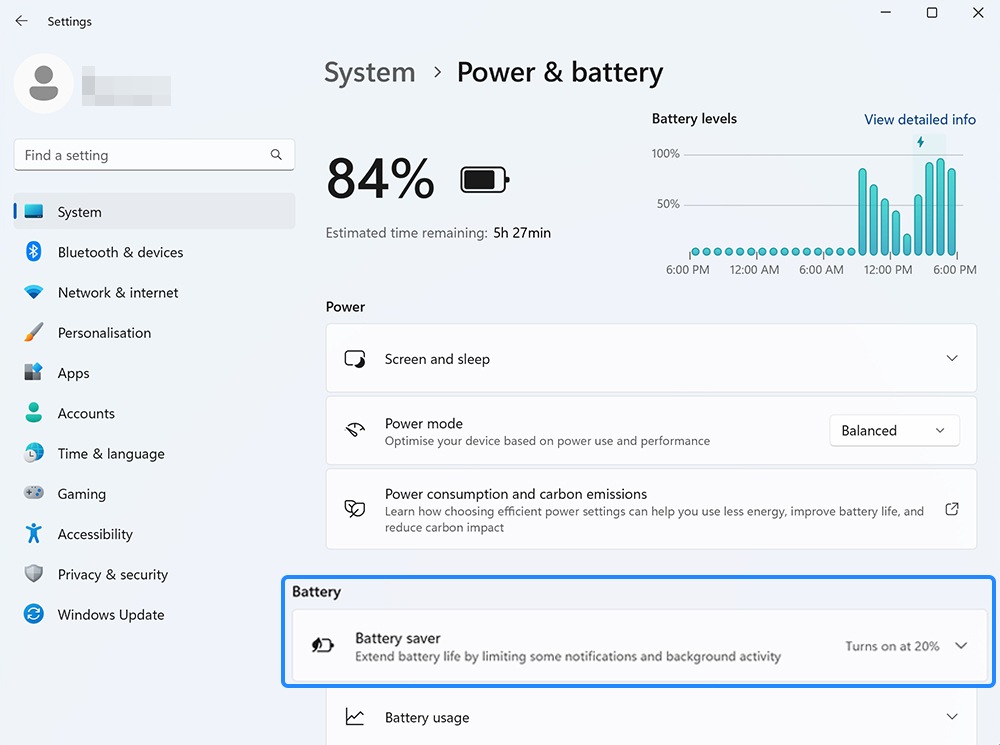 View of Battery saver option.