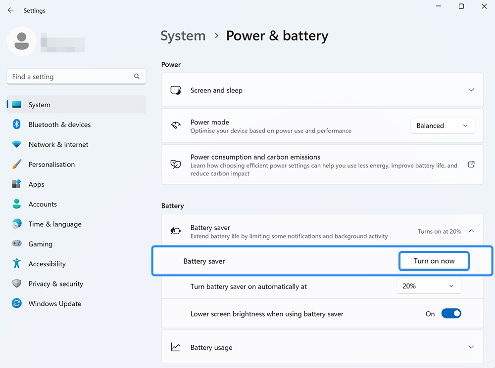 View of Battery saver option with turn on highlighted.