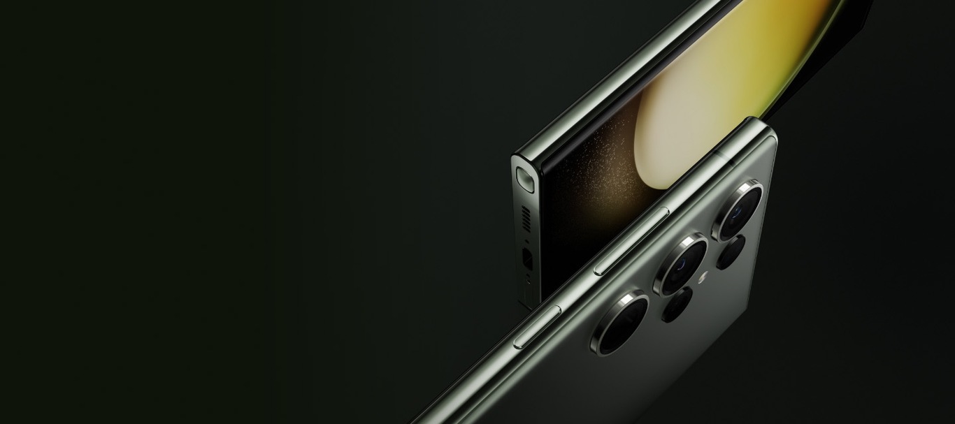 Kaks Galaxy S23 Ultra seadet on tagurpidi üksteise poole, ekraanid vastamisi. Kui need üksteisest eemale liiguvad, ilmub ühest seadmest välja S Pen ja see toetub teise Galaxy S23 Ultra seadme peale, mis on nüüd tagantpoolt nähtav.