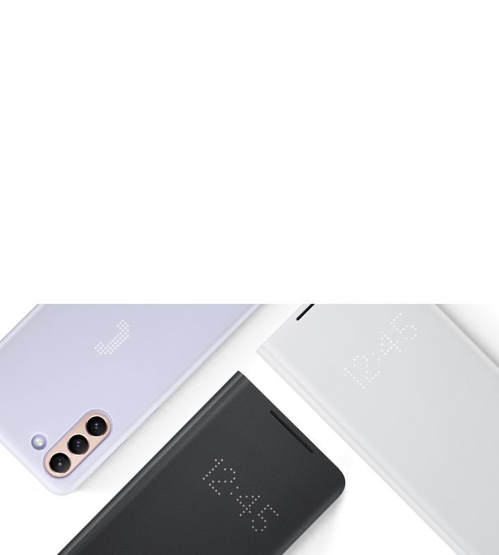 Kaks Galaxy S21 Ultra 5G telefoni esiküljega ülespoole, üks Galaxy S21 plus 5G esiküljega allapoole. Ühel Galaxy S21 Ultra 5G telefonil on must Smart LED View ümbris, teisel on helehall Smart LED View ümbris. Galaxy S21 plus 5G telefonil on violetne Smart LED ümbris.