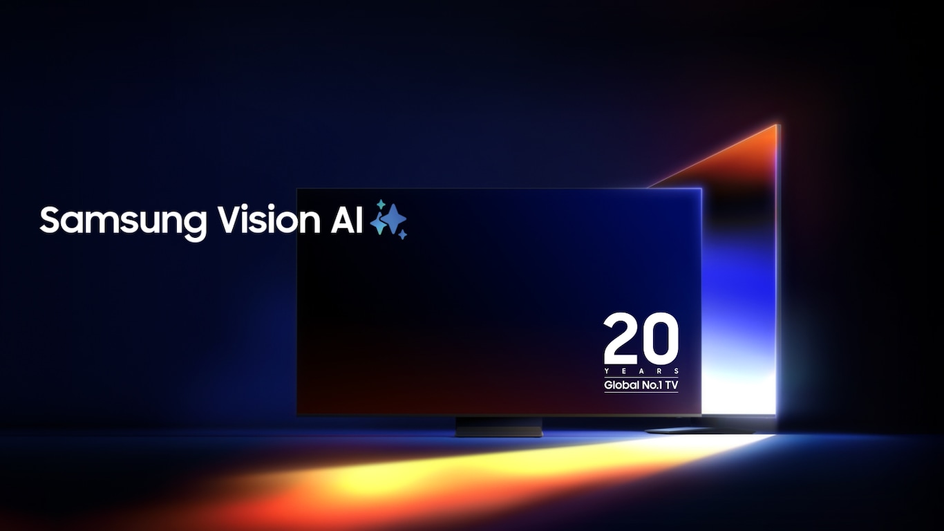 Kaks Samsungi telerit, üks ees ja teine ​​diagonaalselt. Diagonaalselt olev teler lülitub sisse ja kuvab eredat, värvilist järjestust. Koos moodustavad nad justkui number ühe. Samsung Vision AI logo. 20 aastat globaalselt number 1 TV logo.