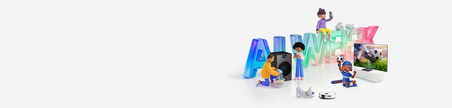 Värvilised 3D-tähed moodustavad "AI Week" koos korraga kuvatavate 3D-tegelastega. Esmalt istub naine 3D-tähe W peal, ühes käes Galaxy S26 Ultra ja teises Galaxy Watch Ultra, kõrval Galaxy Buds4 Pro kõrvaklapid. Tema ees on laps, kes hoiab jalgpalli ja ergutab jalgpallimatši kuvava Micro RGB ees. Nende kõrval on mees, kes põlvitab pesukorviga Bespoke AI Laundry Combo ees, samal ajal kui naine seisab tema kõrval ja kontrollib oma Galaxy S26 Ultrat. Keskel on näha koer, kes ajab taga Bespoke AI Jet Bot Steam Ultrat.