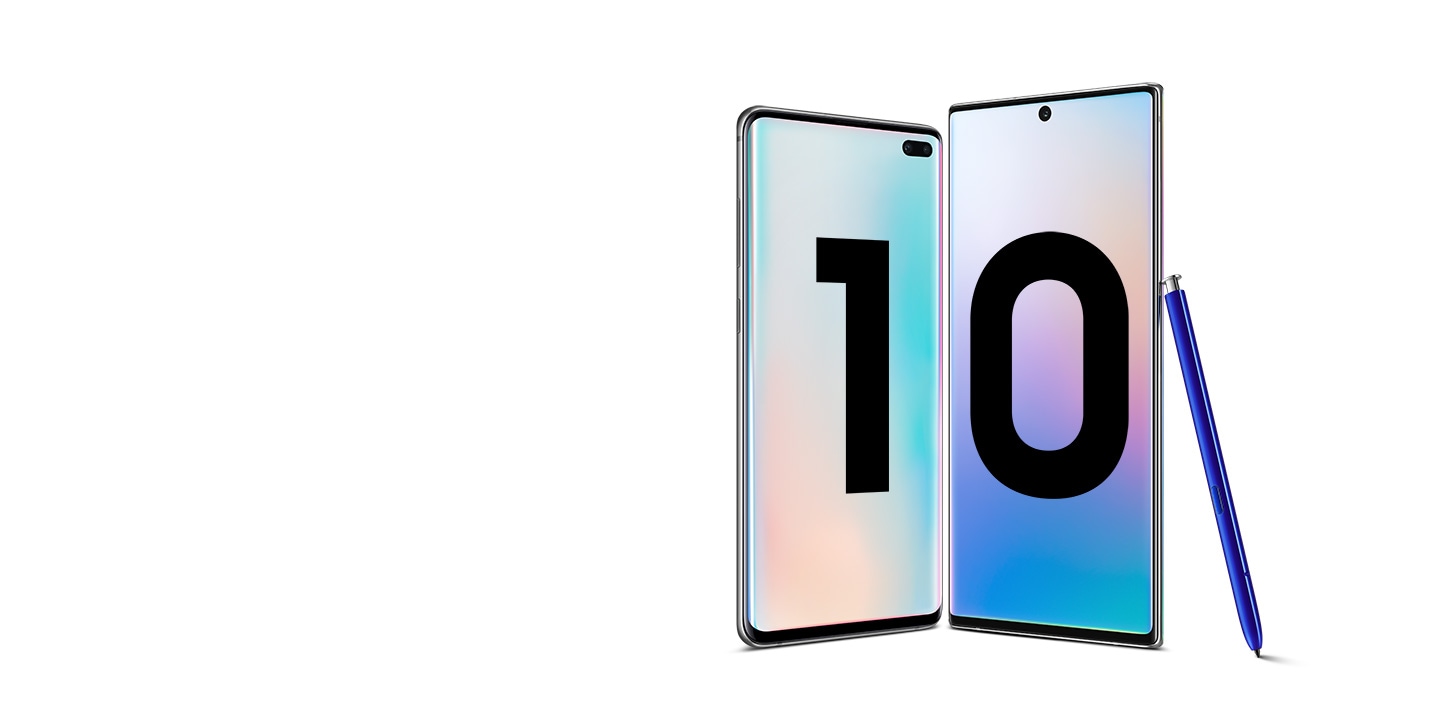The Galaxy S10+ seen at a three-quarter angle from the left side and the Galaxy Note10+ seen at a three-quarter angle from the right side with the blue S Pen leaning on its right side. The Galaxy S10+ has a 1 on the screen. The Galaxy Note10+ has a 0 on the screen. Together they form the Power of 10.