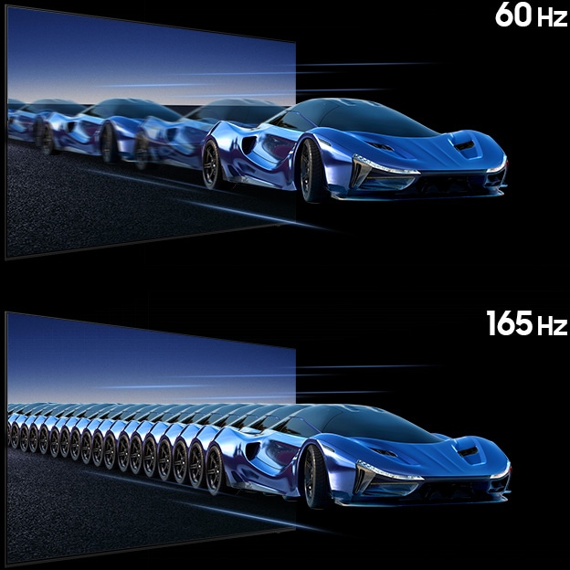 Jagatud võrdlus, mis demonstreerib funktsiooni Motion Xcelerator 165 Hz. Ülemises osas, millel on märge 60 Hz, on kujutatud liikuvat sinist sportautot, millel on nähtav hägusus ja vähem korduvaid kaadreid, mis viitab madalamale värskendussagedusele. Alumine osa märgistusega 165 Hz näitab sama autot paljude tihedalt joondatud liikumisnäidetega, luues sujuvama ja selgema liikumise vähendatud hägususe ja teravamate detailidega suurel kiirusel.