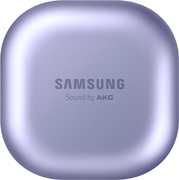 تُعرض حافظة شحن Galaxy Buds Pro باللون البنفسجي فانتوم مغلقة. حلقات متحركة تدور حول الحافظة لإظهار طاقة البطارية طويلة الأمد.