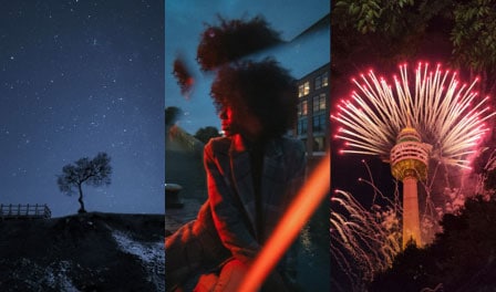 صور مجمعة تشمل شجرة في الليل، وسيدة في الساعة الزرقاء، وألعاب نارية زهرية حول ناطحة سحاب في الليل.