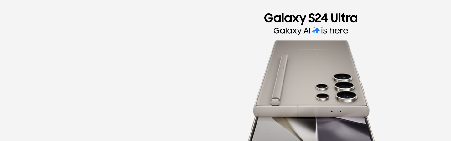 هاتفان Galaxy S24 Ultra باللون الرمادي التيتانيوم، أحدهما مرئي من الأمام والآخر من الخلف مع قلم S Pen المدمج. جالكسي اس 24 الترا. Galaxy AI هنا. اطلب مسبقًا الآن. تخزين مزدوج وتوفير أكبر في عمليات الاستبدال.