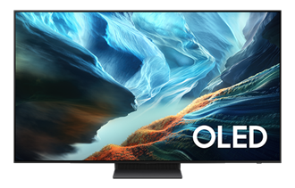  تلفزيون Samsung OLED S95H يعرض على شاشته منظراً طبيعياً تجريدياً باللون الأبيض ممزوجاً بدرجات خفيفة من اللون الأرجواني.