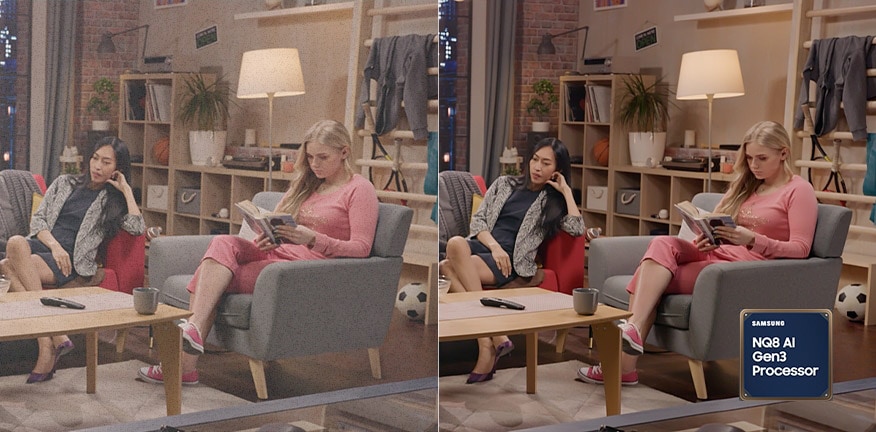 A side-by-side comparison of a scene. One side shows the original scene while the other side shows a more clear and detailed picture created by AI Upscaling with Samsung's NQ8 AI Gen3 Processor.