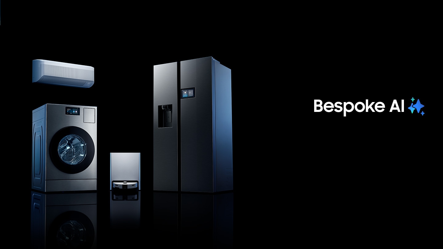 تظهر سلسلة منتجات Samsung’s Bespoke AI جهاز غسيل ملابس Bespoke AI Laundry بصفتين، وجهاز غسيل ملابس Bespoke AI Jet Ultra، وثلاجة Bespoke Four-Door Flex. شعار Bespoke AI.