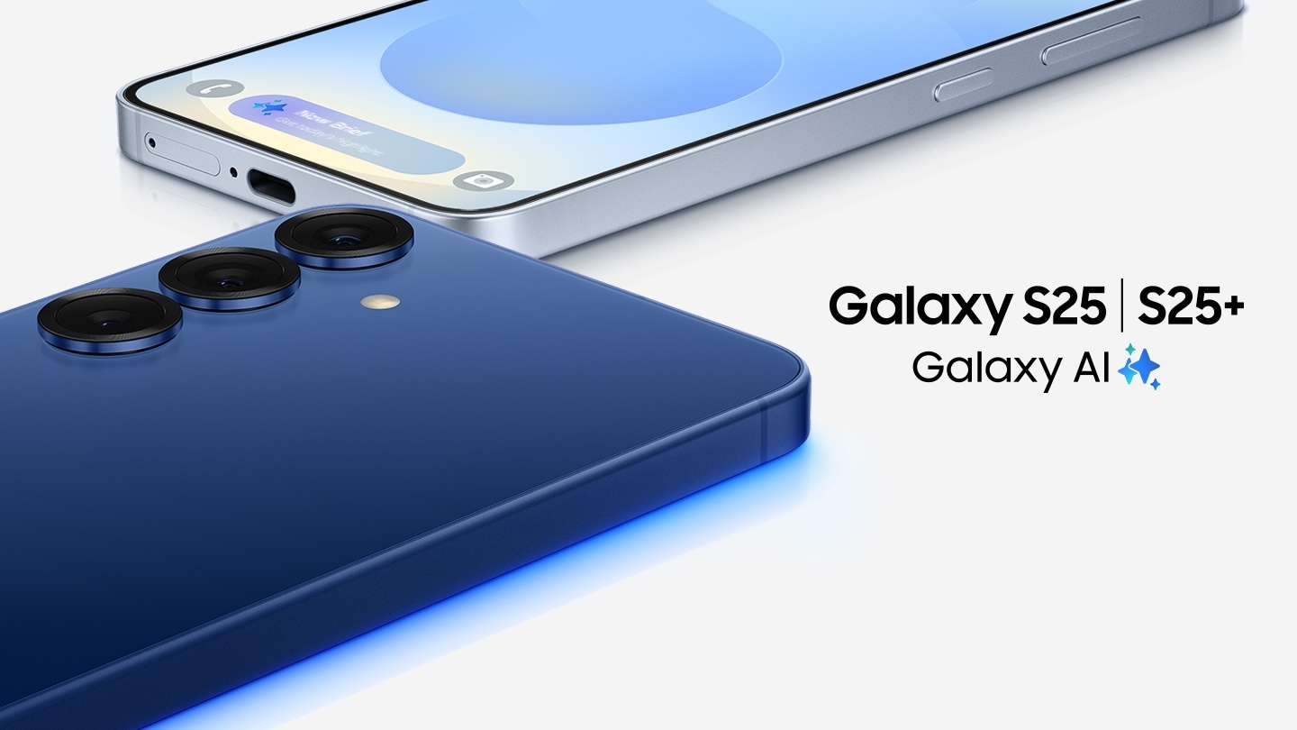 هاتف Galaxy S25+ باللون البحري موضوع بالقرب من هاتف Galaxy S25 باللون البرتقالي البارد. يعرض Galaxy S25 من منظور الأمام إشعارًا من Now Brief مع الكلمات "احصل على أبرز أحداث اليوم" في الجزء السفلي من الشاشة. يظهر Galaxy S25+ من منظور الخلف تصميم الكاميرا المحدب. جالاكسي الذكاء الاصطناعي.