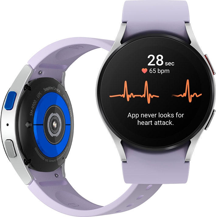 The underneath of the Galaxy Watch5 device is shown. On the right is a frontal view of the Watch5 device with the ECG user interface. On the side and back of the device body, the Home Key and Electrical Heart Sensor take ECG measurements.